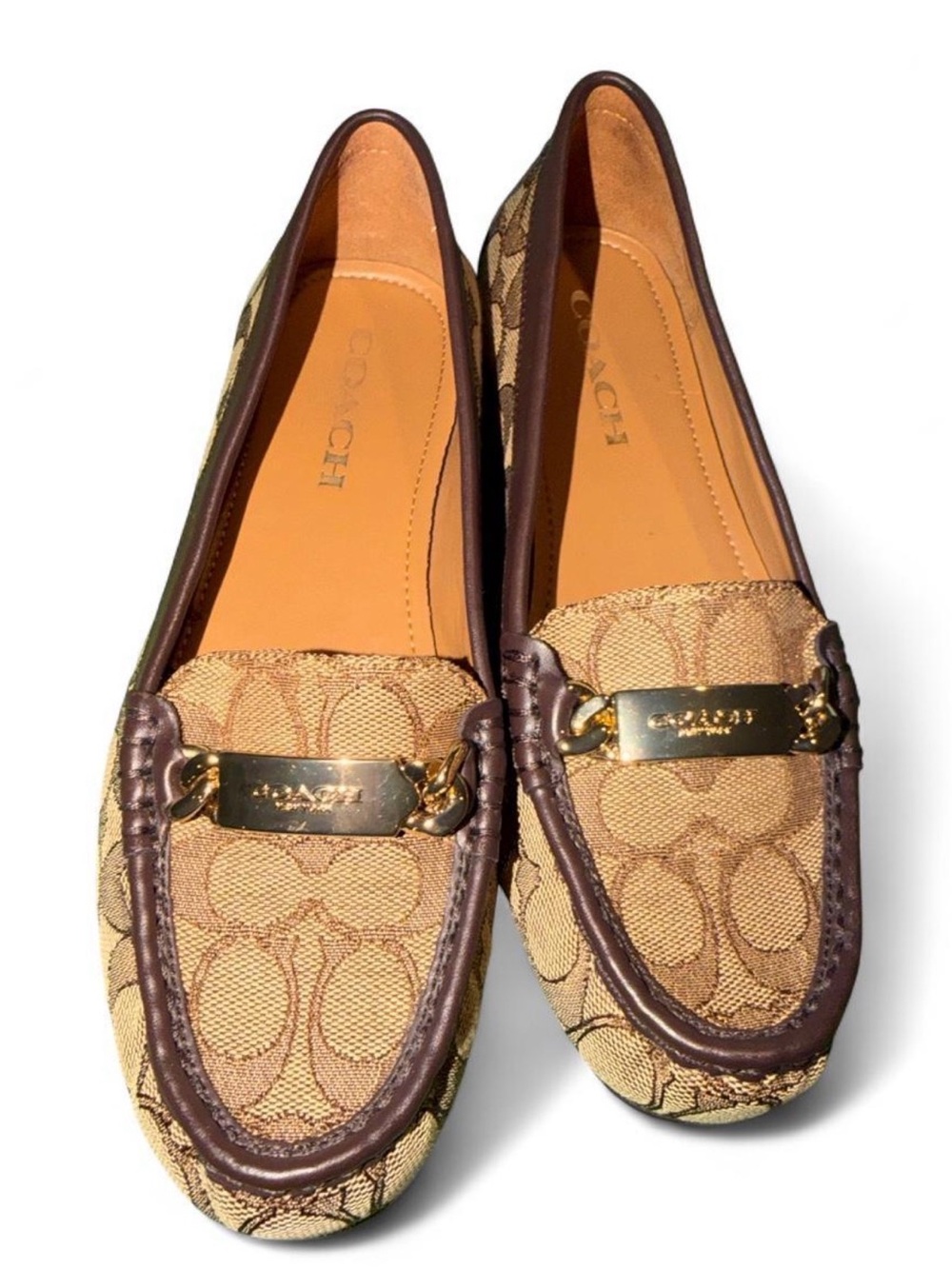 Coach Brown Signature Canvas Loafers with Gold Plaque